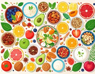 Healthy Clean Eating Flat Lay with Fresh Ingredients Illustration