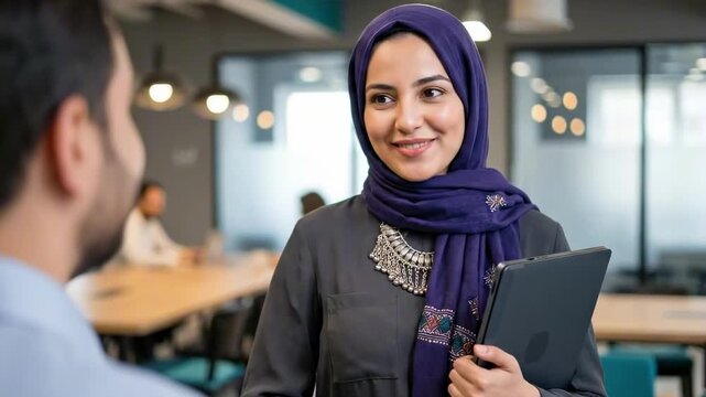 A algerian woman wearing a hijab and a stylish outfit engages in conversation in a modern office environment, holding a tablet, with colleagues working in the background