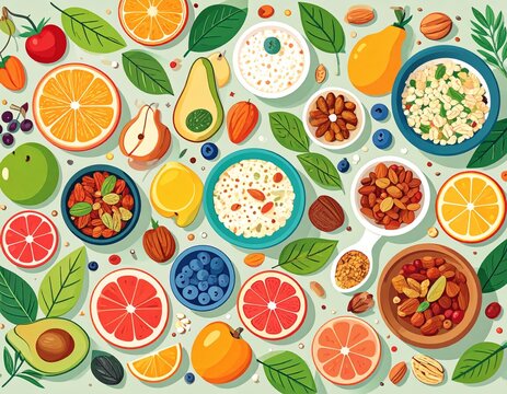 Wellness Food Flat Lay Featuring Organic Produce Illustration - Powered by Adobe