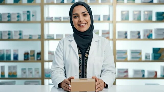 A smiling algerian woman in a white lab coat holds a small box, surrounded by neatly arranged pharmaceutical products on shelves, conveying a welcoming pharmacy atmosphere