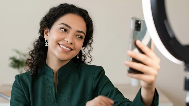 A young algerian woman with curly hair and a green blouse smiles while taking a selfie. She holds a smart phone in one hand, with a ring light illuminating her face