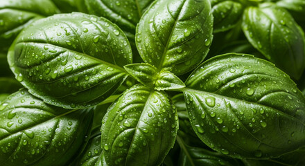 Fresh green basil leaves with dew drops, perfect for culinary and herbal uses