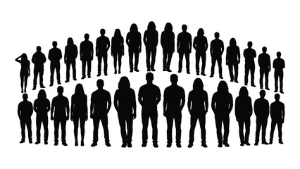 a large group of people standing together depicted as a striking black and white silhouette