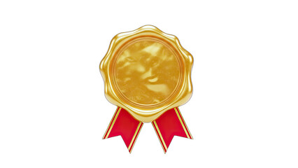 Golden Seal with Red Ribbon Isolated on White Background