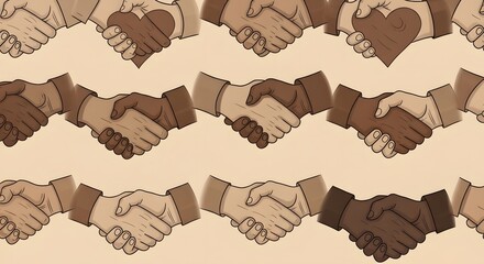A pattern of diverse hands with varying skin tones shaking, symbolizing unity, cooperation, and social connection. Some handshakes feature heart shapes.