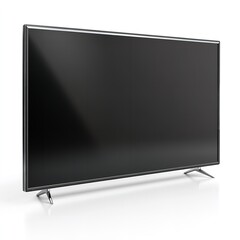 Sleek modern flat screen television with thin silver bezel and metallic stand on a bright studio shot on white background