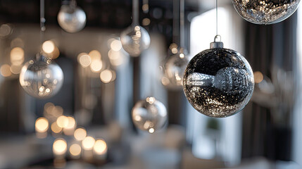 Modern Black and White Interior with Shimmering Silver Ornaments on Transparent Background