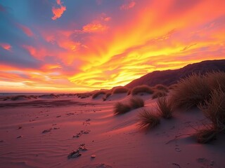 Sunset paints the sky in fiery hues over a deserted, windswept beach, windswept, fiery