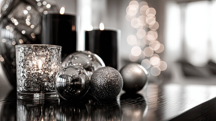 Modern Black and White Interior with Shimmering Silver Ornaments on Transparent Background