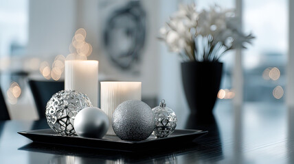 Modern Black and White Interior with Shimmering Silver Ornaments on Transparent Background