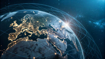 Global connectivity and communication network overlaying earth at night, focusing on europe and africa