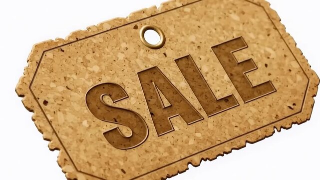 A captivating 3D rendering showcases a rustic and authentic cork-textured price tag, prominently featuring the word "SALE" crafted in a stylish, debossed cutout. The tag includes realistic distressed 