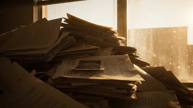 Overload of paper in a bright, cluttered office setting