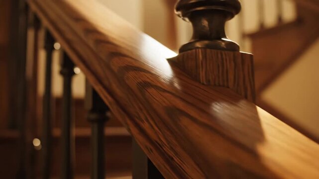 Polished Wooden Stair Railing - Close-up shot shows a polished wooden stair railing with sunlight reflecting off the surface. The railing is set against a backdrop of stairs and a blurred window.