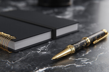 ゴールドの万年筆と黒いノートが置かれた高級なステーショナリーの配置