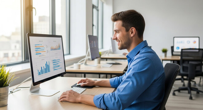 Professional businessman analyzing data on computer in modern office