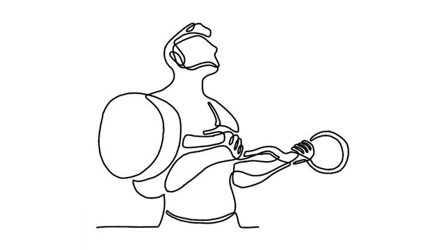 continuous line animation of man training lift barbell