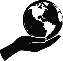 Hand holding planet Earth silhouette vector graphic