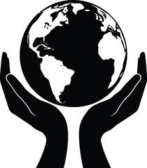 Black silhouette of two cupped hands holding a white globe of Earth