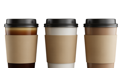 Disposable coffee cups with lids and sleeves isolated on transparent background