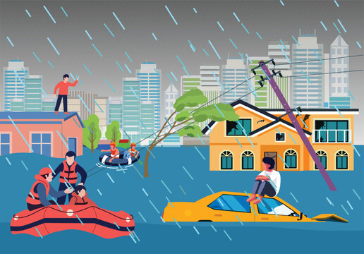 Cars submerged in floodwater in urban areas due to natural disasters.eps. Resque help the people with inflatable boat