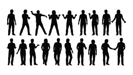 a collection of black silhouettes depicting various human poses and actions in a linear arrangement silhouette