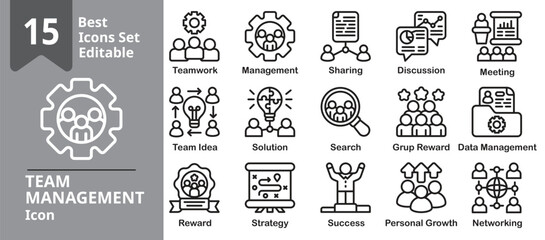 Team Management icon set. Contains leaders, groups, planning boards, task lists, goals, and communication. Editable outline vector illustration.