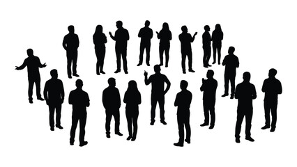 a group of people standing together in various poses depicted as a stark black silhouette
