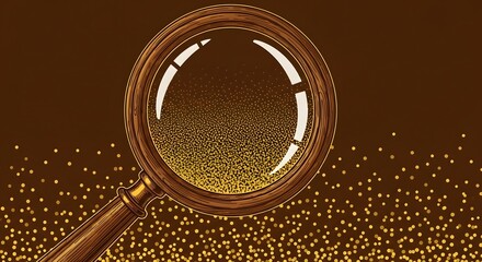 A vintage magnifying glass revealing a magnified view of numerous golden particles scattered across a brown background.