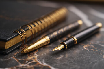 黒い背景に置かれた金色のスプリンググリップ付き高級ペンのクローズアップ