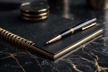 黒い背景に並べられた金色と黒色の高級万年筆のクローズアップ