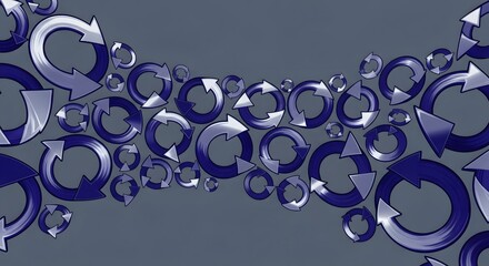 A dynamic abstract background featuring numerous blue and purple circular arrows arranged in a flowing, wavy pattern on a dark grey surface, symbolizing refresh, recycle, or continuous process.