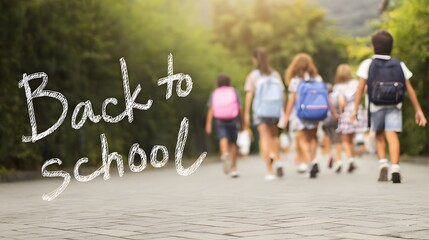 Children with backpacks walking on a path towards school embracing the start of a new academic year