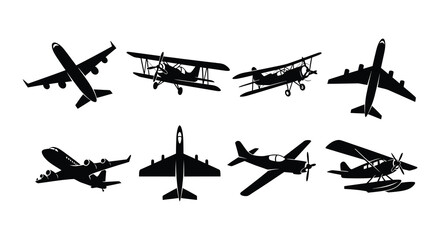 Collection of various airplane silhouettes including biplanes and modern jets © nurjahan
