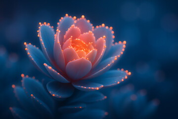 AI generated glowing bioluminescent fantasy flower with blue petals and coral light dots futuristic calm mood for sci fi design background wallpaper and digital art