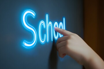 Child s finger interacting with glowing blue neon text spelling the word school on a dark surface