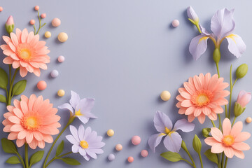 Obraz premium AI generated pastel floral flat lay with peach gerbera and lavender iris on soft gray background clean minimal style and wide copy space for text
