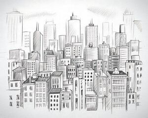 Fototapeta premium Hand Drawn Sketch of a Dense City Skyline with Tall Buildings and Varying Architecture drawing