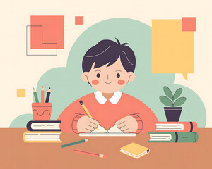 Illustrated boy with dark hair focused on writing in a notebook at a desk with books and a plant child