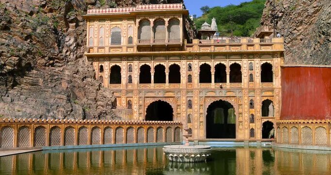 The architecture of the historic Galta Ji temple in the Suburbs of Jaipur city in India built in 15th century.