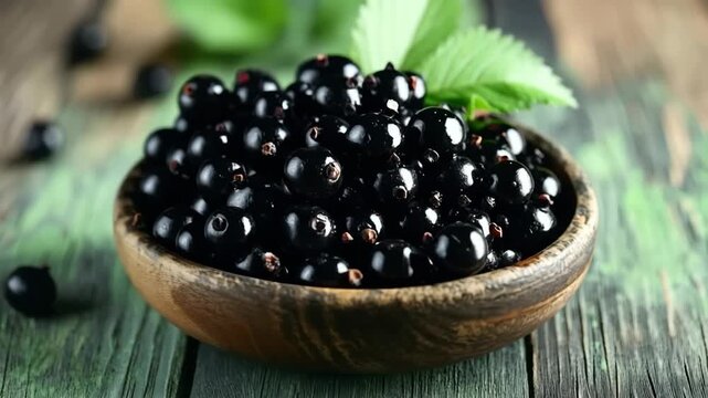 Fresh blackcurrant berries filling a rustic wooden bowl on an old green table