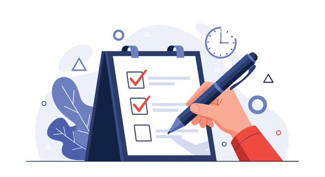 An illustration of a hand using a pen to check off tasks on a checklist board, symbolizing productivity, task management, and timely completion.