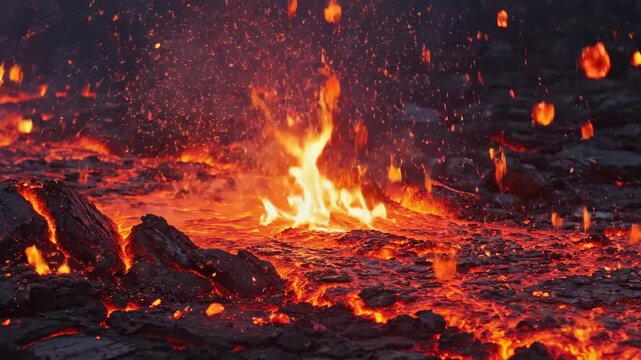 Active Lava Flow - An video showcasing an active lava flow with spewing flames and molten rock. The lava is a bright orange and red, contrasting against the dark, solid rock beneath.