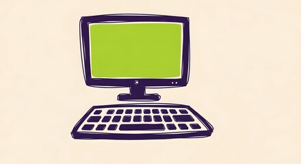 Hand-drawn illustration of a desktop computer with a bright green screen and a keyboard.