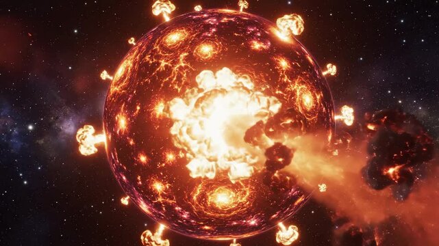 Exploding Planet in Deep Space - A vibrant planet in outer space is undergoing a series of explosions and releasing plumes of smoke and fire.