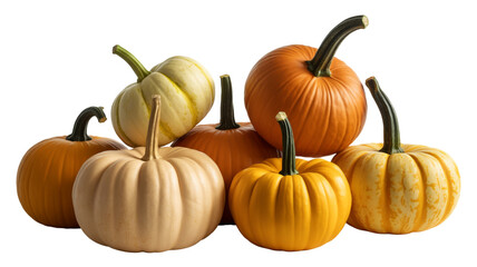 Assortment of colorful pumpkins and gourds arranged together isolated on transparent background