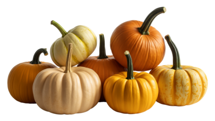 Assortment of colorful pumpkins and gourds arranged together isolated on transparent background