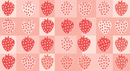 A cheerful pink and red checkerboard pattern featuring stylized strawberries.
