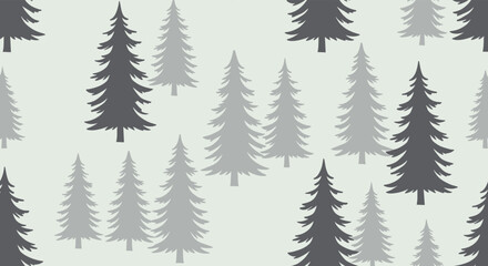 Obraz premium Seamless pattern of stylized evergreen trees in various shades of gray on a light background.