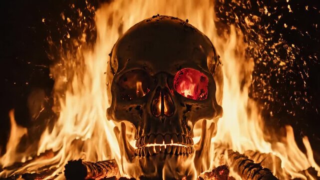 Skull in Flames - A close-up shot shows a human skull engulfed in bright orange and yellow flames. The fire burns intensely, especially visible through the eye sockets.